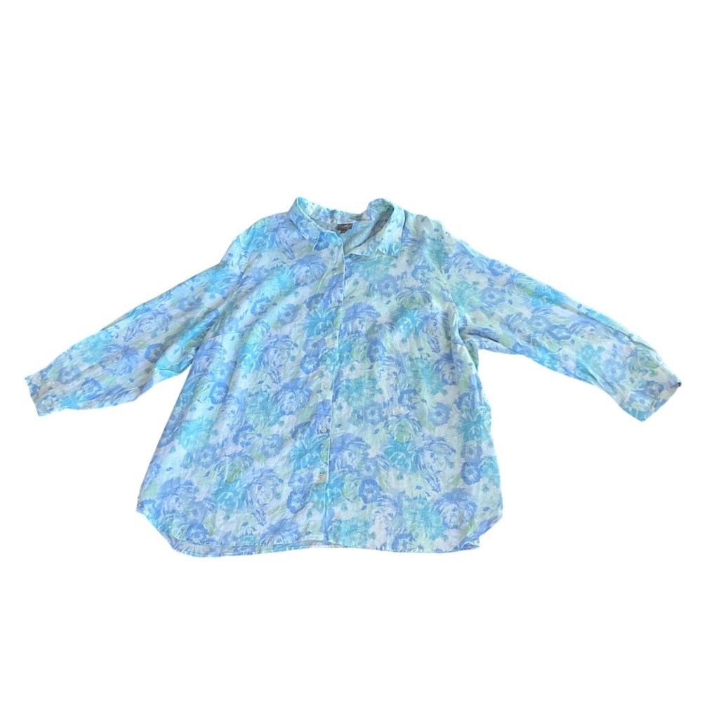 J. Jill Button Down Shirt Womens 4X Blue Green Floral 100% Linen Long Sleeve